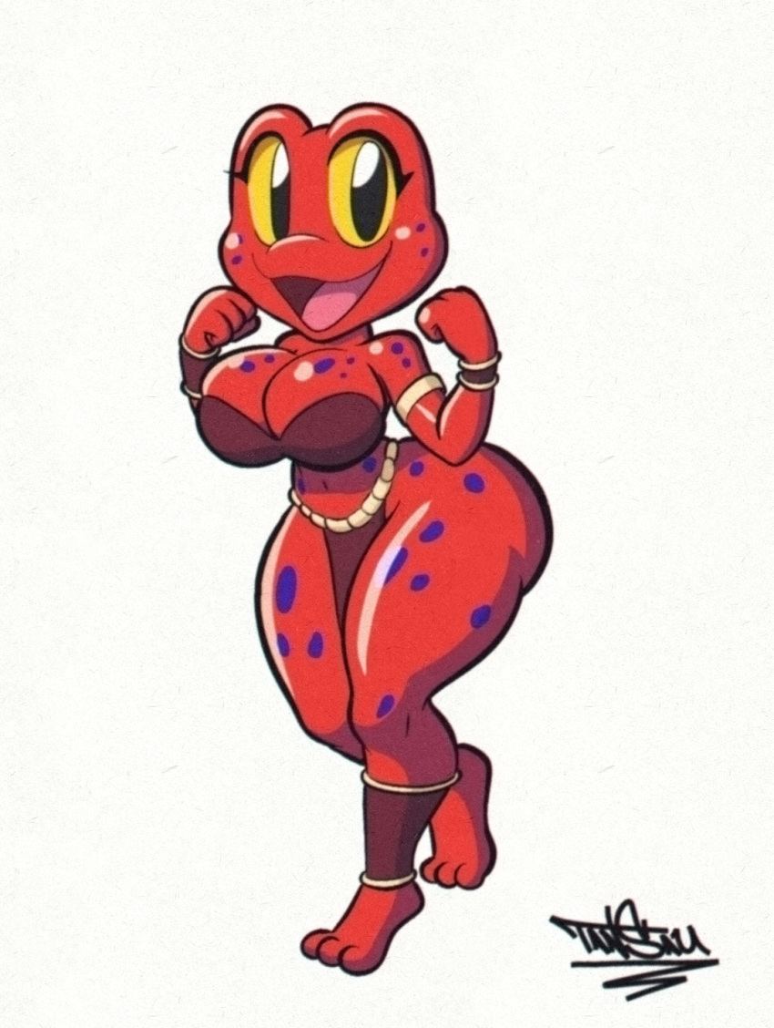 amphibian anthro bottomwear breasts cleavage clothed clothing female frog hi_res loincloth open_mouth open_smile poison_dart_frog red_body simple_background smile solo tansau white_background