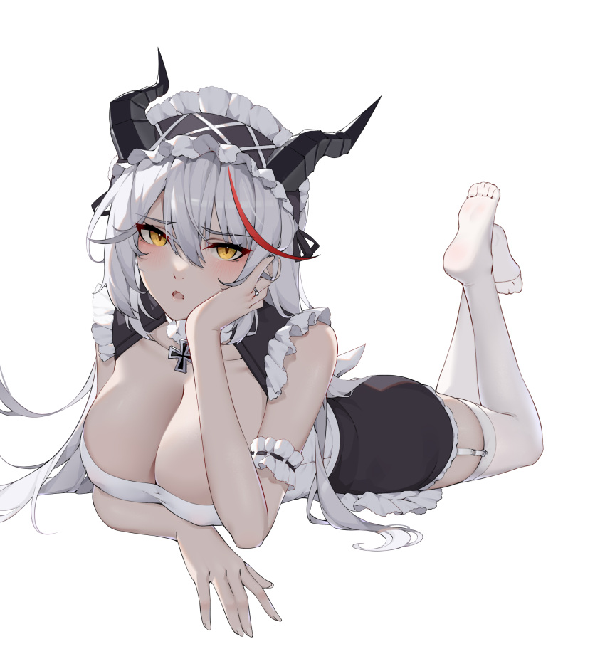 1girl absurdres aegir_(azur_lane) aegir_(iron_blood's_dragon_maid)_(azur_lane) apron arm_under_breasts azur_lane blush breast_press breast_rest breasts cleavage couch cross dragon_girl dragon_horns feet feet_up frills garter_straps hair_between_eyes head_rest highres horns indoors iron_cross jewelry large_breasts looking_at_viewer lying maid maid_apron maid_headdress no_shoes official_alternate_costume on_stomach open_mouth parted_lips ring soles solo the_pose thighhighs wedding_band white_background white_hair white_thighhighs wsfw yellow_eyes