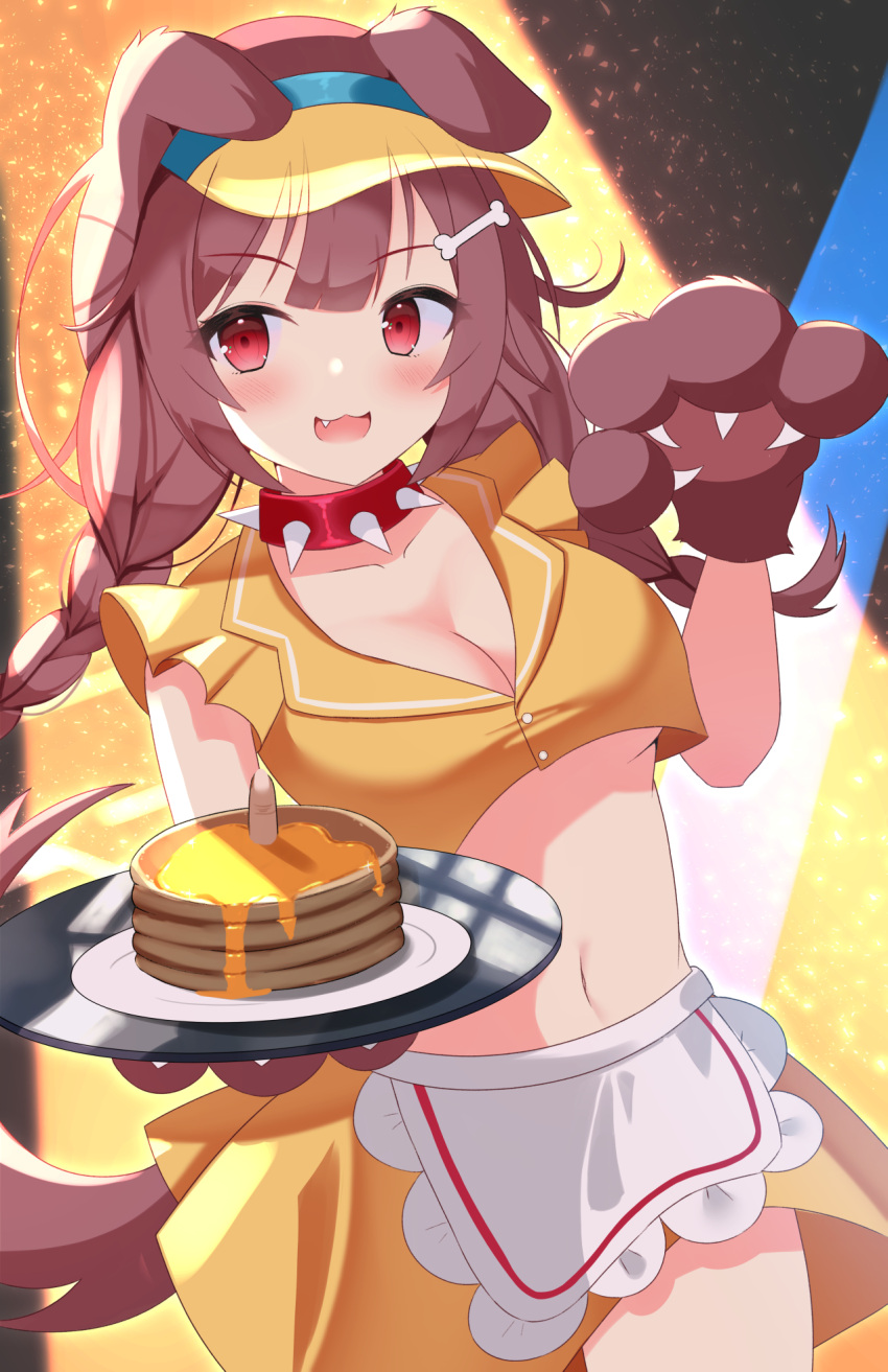 1girl :3 animal_collar animal_ears animal_hands apron bangs black_background blue_background blunt_bangs blush bone_hair_ornament braid breasts brown_eyes brown_gloves brown_hair brown_tail cleavage collar collarbone commentary cowboy_shot crop_top dog_ears dog_girl dog_paws dog_tail doggy_god's_street ears_down english_commentary fang food gloves hair_ornament hairclip highres holding holding_plate hololive honey inugami_korone kawaiipony2 large_breasts long_hair looking_to_the_side midriff miniskirt multicolored_background navel open_mouth pancake pancake_stack paw_gloves plate red_collar red_eyes see-through severed_finger short_sleeves sideways_glance skirt solo spiked_collar spikes spotlight standing tail tail_raised thighs twin_braids twintails underboob virtual_youtuber visor_cap waist_apron yellow_background yellow_headwear yellow_skirt yubi_yubi_(inugami_korone)