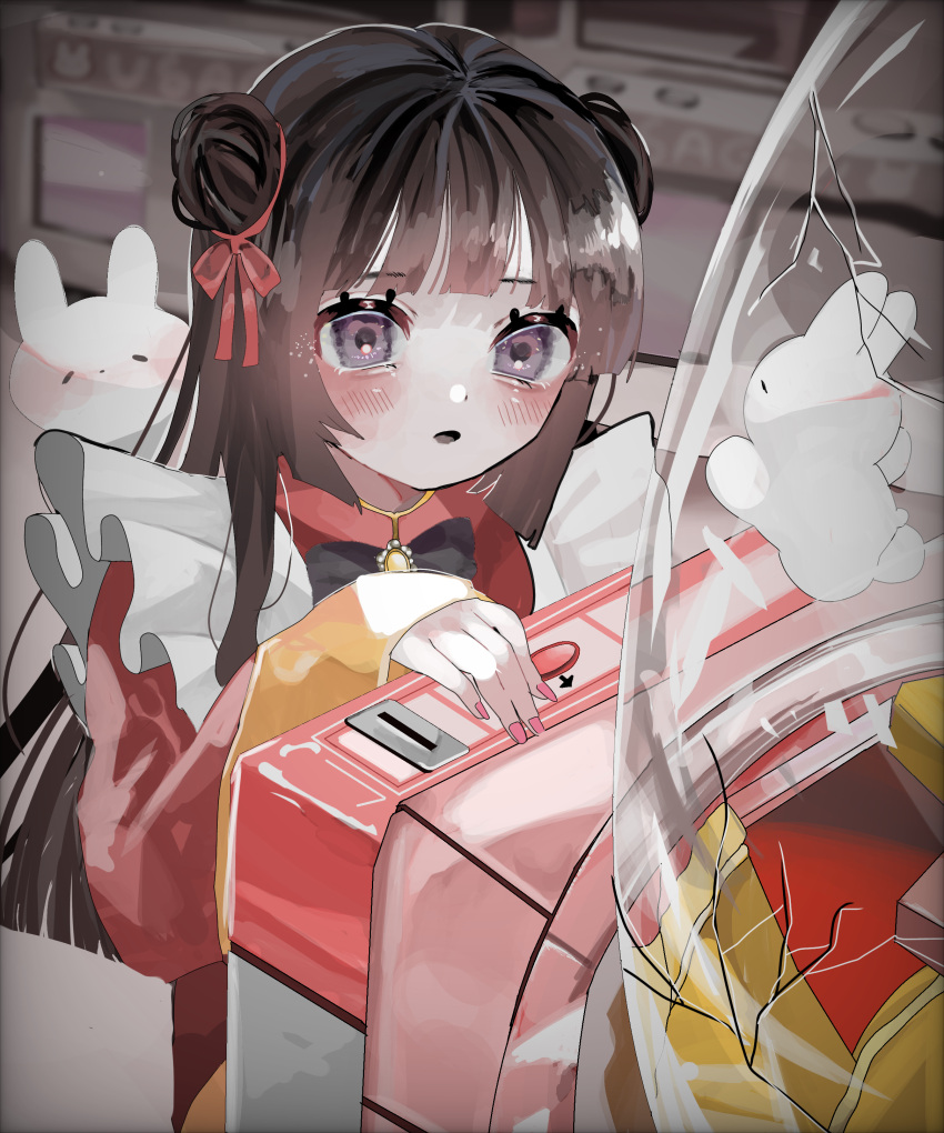 1girl absurdres bangs blunt_bangs blurry blurry_background blush broken_glass brown_hair coin_slot commentary_request double_bun dress english_commentary eyelashes glass hair_bun hair_ribbon hanataro_(sruvhqkehy1zied) hand_up highres jewelry long_hair long_sleeves looking_at_animal mixed-language_commentary necklace open_mouth original parted_lips pendant pink_nails purple_eyes rabbit red_dress red_ribbon ribbon sleeves_past_wrists solo upper_body
