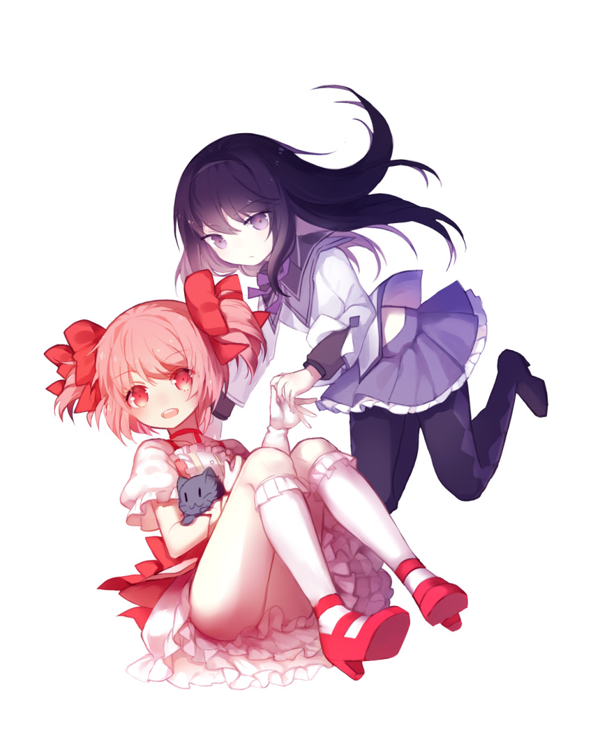 2girls akemi_homura animal bangs black_footwear black_leggings blush bow cat closed_mouth collar cuivre diamond_(shape) dress frilled_dress frilled_kneehighs frilled_skirt frilled_sleeves frills grey_cat hair_bow high_heels highres holding holding_animal holding_cat holding_hands kaname_madoka kneehighs leggings long_hair long_sleeves looking_ahead mahou_shoujo_madoka_magica midriff_peek multiple_girls necktie open_mouth puffy_short_sleeves puffy_sleeves purple_eyes purple_necktie purple_sailor_collar purple_skirt red_bow red_collar red_eyes red_footwear sailor_collar shirt short_hair short_sleeves simple_background sitting skirt socks teeth thighs twintails white_background white_dress white_shirt