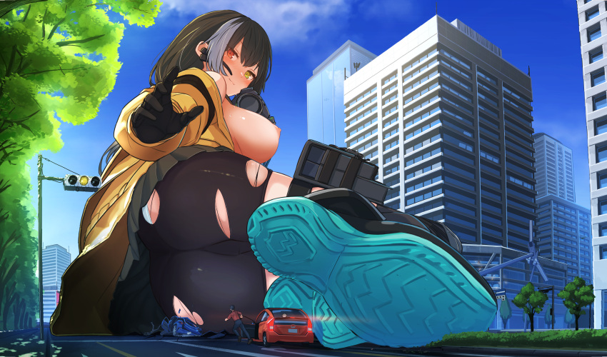 1boy 1girl absurdres ass bike_shorts black_gloves black_hair blush boots brown_jacket city closed_mouth day destruction giant giantess girls'_frontline gloves grey_skirt heterochromia highres jacket long_hair magazine_(weapon) multicolored_hair outdoors red_eyes ro635_(girls'_frontline) sigure-zzzz size_difference skirt streaked_hair thigh_strap topless torn_bike_shorts torn_clothes toyota_prius traffic yellow_eyes