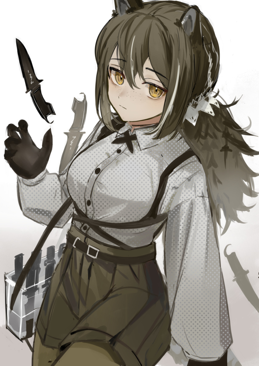 1girl animal_ears arknights azuazu_0405 bag belt black_skin breasts brown_hair brown_pantyhose brown_shorts closed_mouth collared_shirt colored_skin cross_tie expressionless freckles grey_shirt high-waist_shorts highres knife legwear_under_shorts long_hair long_sleeves looking_at_viewer low_ponytail medium_breasts multicolored_hair pantyhose raccoon_ears raccoon_girl raccoon_tail robin_(arknights) shirt shorts shoulder_bag simple_background solo streaked_hair tail tossing two-tone_hair white_background white_hair yellow_eyes