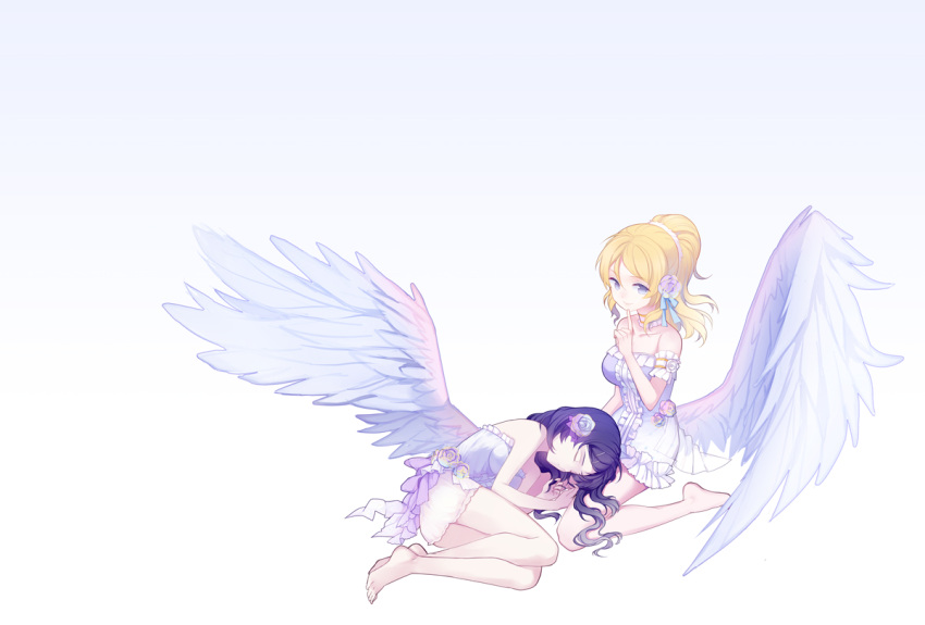 2girls angel angel_wings ayase_eli bangs bare_legs bare_shoulders blonde_hair blue_bow blue_eyes bow closed_eyes cuivre dress dress_flower feet finger_to_own_chin flower frilled_dress frilled_sleeves frills gradient gradient_background hair_between_eyes hair_bow hair_flower hair_ornament hairclip long_hair love_live! lying multiple_girls ponytail purple_hair purple_ribbon ribbon sleeping sleeping_on_person smile thighs toujou_nozomi white_background wings yuri