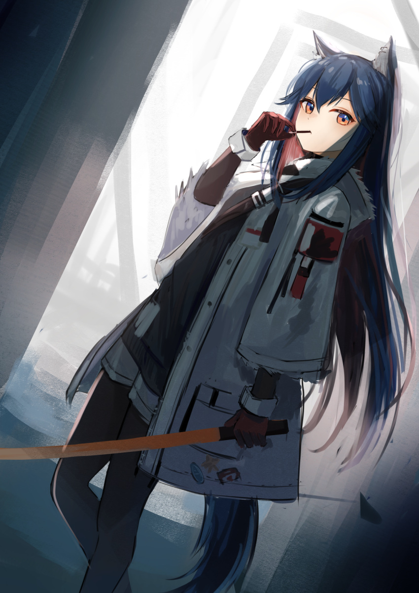 1girl animal_ear_fluff animal_ears arknights azuazu_0405 backlighting bangs black_hair black_pantyhose black_sweater coat feet_out_of_frame food food_in_mouth fur-trimmed_hood fur-trimmed_sleeves fur_trim gloves grey_footwear highres holding holding_sword holding_weapon hood hood_down hooded_coat light long_hair long_sleeves looking_at_viewer mouth_hold multicolored_hair official_alternate_costume open_clothes open_coat orange_eyes pantyhose pocky red_gloves red_hair sidelocks solo standing sweater sword tail texas_(arknights) texas_(winter_messenger)_(arknights) two-tone_hair very_long_hair weapon white_coat wolf_ears wolf_girl wolf_tail