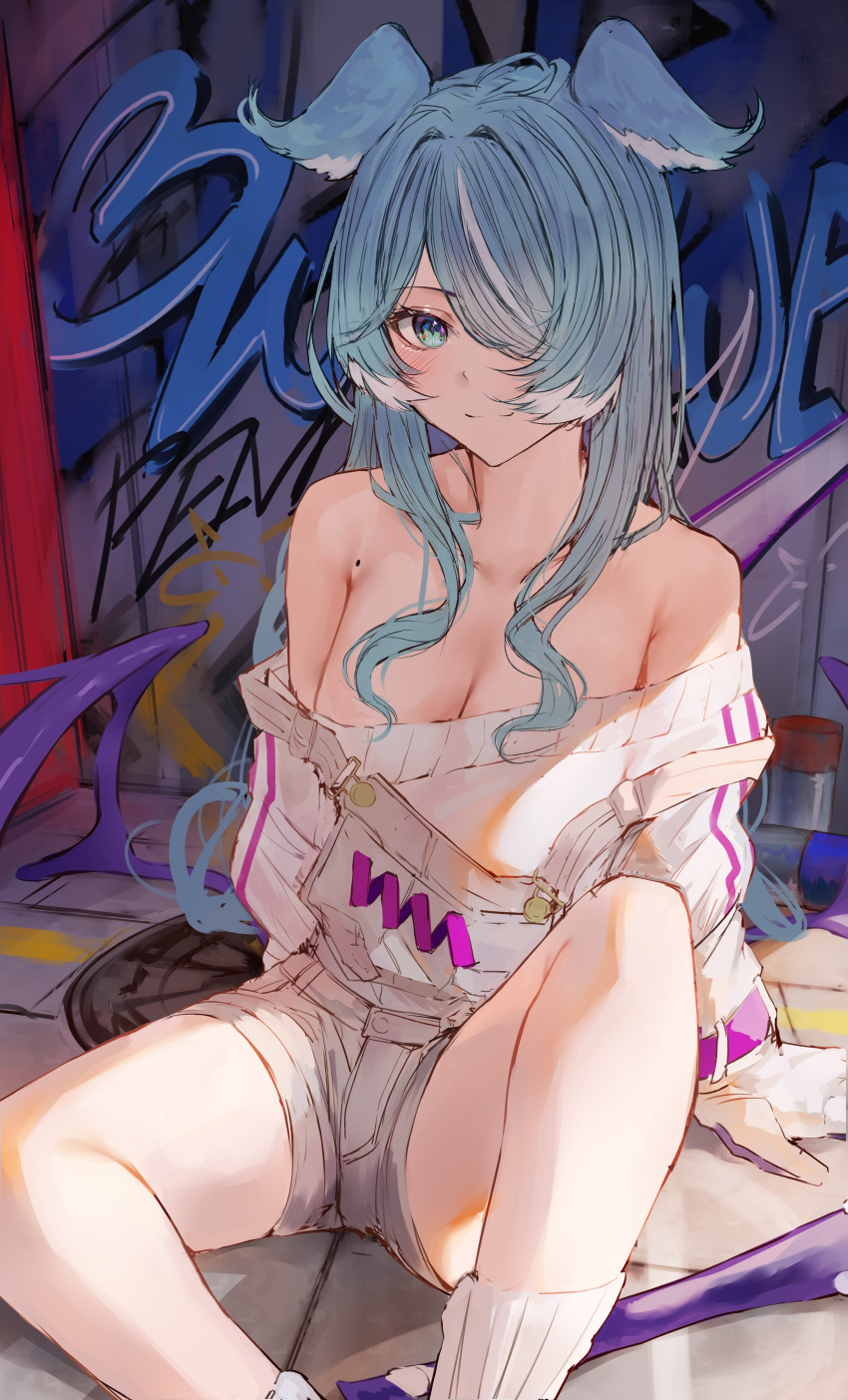 absurdres arm_support bangs blue_eyes blue_hair blue_wings blush breasts cleavage collarbone dragon_girl dragon_tail elira_pendora gloves graffiti grey_gloves grey_overalls hair_ornament hair_over_one_eye head_wings highres large_breasts long_hair looking_at_viewer loose_clothes mole naokomama nijisanji nijisanji_en off_shoulder one_eye_covered overall_shorts overalls single_glove sitting sleeves_past_fingers sleeves_past_wrists smile socks sweater tail thighs virtual_youtuber white_sweater wings x_hair_ornament