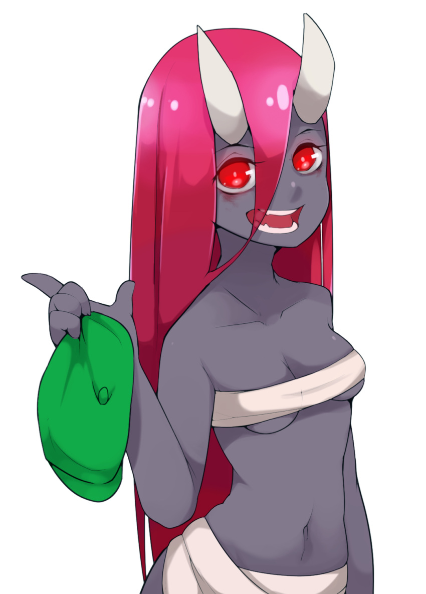 1girl bangs bare_shoulders beret breasts budget_sarashi collarbone commentary demon_girl fang glowing glowing_eyes green_headwear hair_between_eyes hand_up happy hat highres holding holding_clothes holding_hat horns lilith_(the_binding_of_isaac) loincloth long_hair looking_at_viewer navel open_mouth red_eyes red_hair sarashi shiny shiny_hair sidelocks simple_background skindentation small_breasts smile solo stomach teeth the_binding_of_isaac underboob upper_body very_long_hair white_background white_horns yellowparrot
