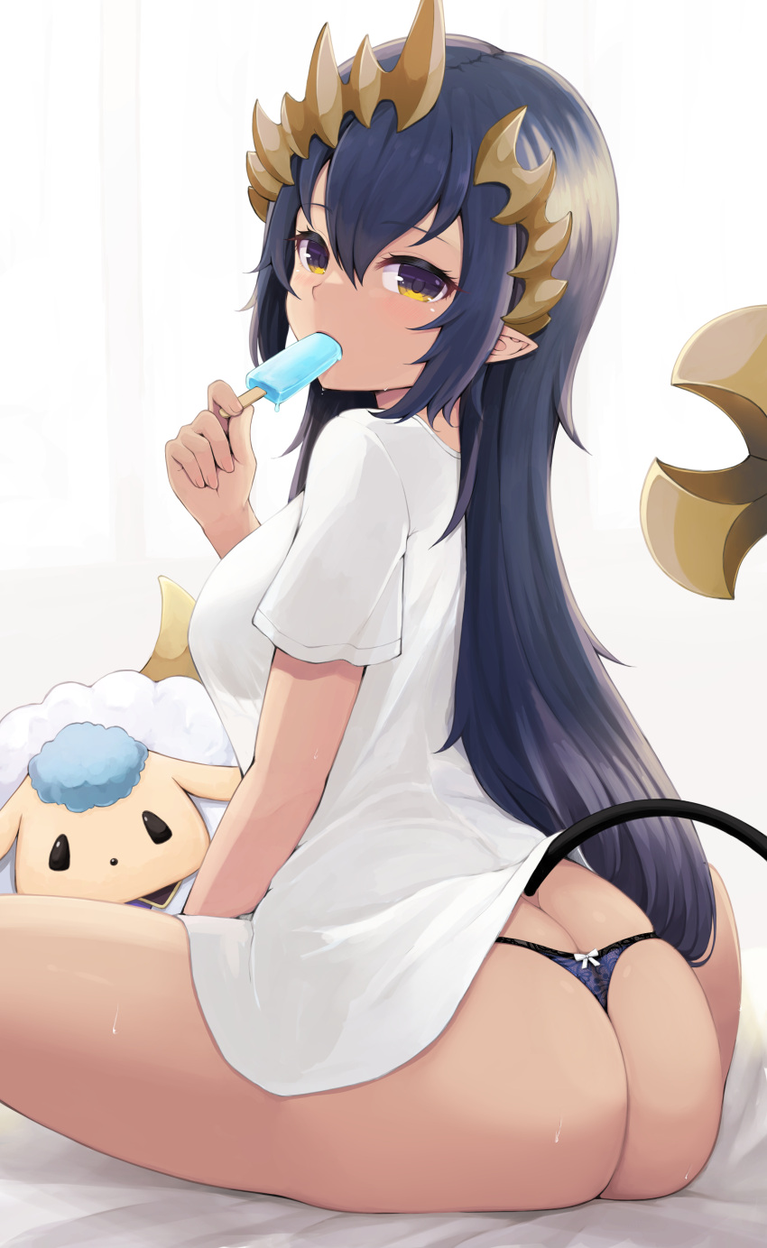 1girl absurdres ass bangs black_hair bow bow_panties breasts commentary_request food hair_between_eyes hand_up highres holding holding_food honey_strap long_hair looking_at_viewer looking_to_the_side medium_breasts no_pants panties pointy_ears popsicle purple_eyes purple_panties shimamura_charlotte shirt short_sleeves sitting solo tail temari_rin underwear very_long_hair virtual_youtuber white_shirt