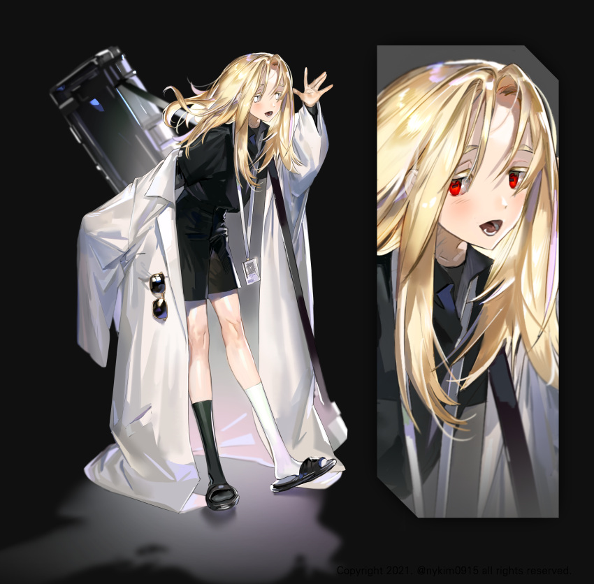 1boy absurdres asymmetrical_legwear bishounen blonde_hair blush bright_pupils coat colored_sclera eyewear_removed grey_sclera hair_between_eyes highres horizontal_pupils id_card labcoat lanyard long_hair lower_teeth male_focus mismatched_legwear nykim0915 open_clothes open_coat open_mouth original otoko_no_ko red_eyes shorts sleeves_past_fingers sleeves_past_wrists slippers solo sunglasses teeth toeless_footwear tongue waving white_coat white_pupils zoom_layer