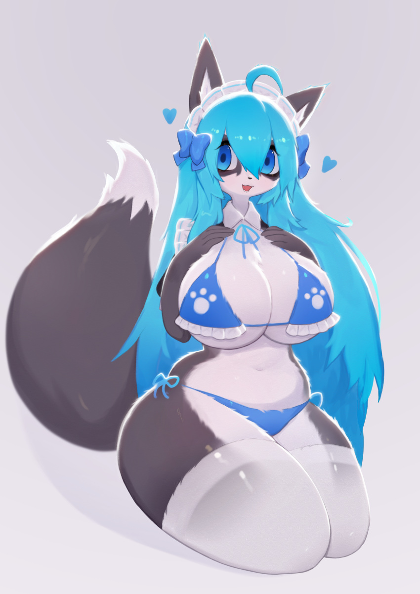 &lt;3 2022 absurd_res ahoge anthro big_breasts bikini blue_eyes blue_hair breasts canid canine canis clothed clothing digital_media_(artwork) dipstick_tail domestic_dog female fur grey_body grey_fur hair hanul hi_res kemono kneeling legwear looking_at_viewer maid_headdress mammal markings multicolored_body multicolored_fur multicolored_tail soda_uyu solo swimwear tail_markings thick_thighs thigh_highs two_tone_body two_tone_fur white_body white_fur