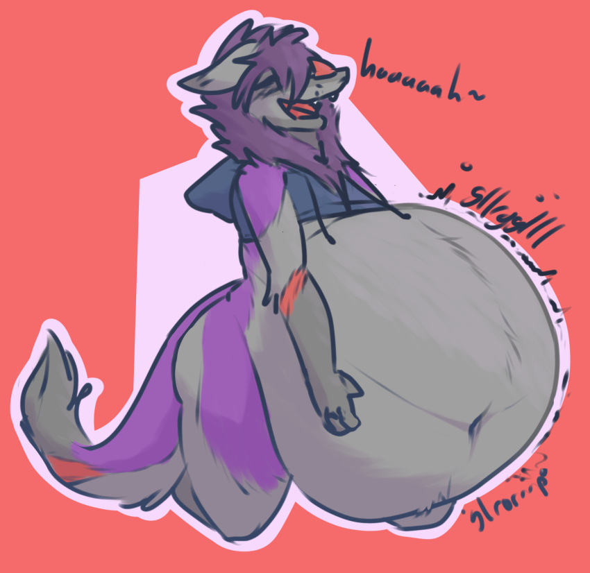 2022 ambiguous_gender anthro belly belly_noises big_belly bloated bottomless clothed clothing dragon facial_horn fangs fur furred_dragon hair hi_res horn hyper hyper_belly navel nose_horn obese overweight sequence simple_background solo text topwear troplilly weight_gain
