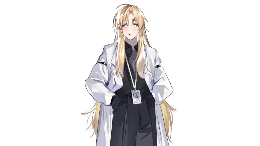 1boy bishounen blonde_hair blue_eyes closed_mouth coat hair_between_eyes hands_in_pockets highres id_card lanyard long_hair male_focus mouth_hold nykim0915 open_clothes open_coat original simple_background solo white_background white_coat