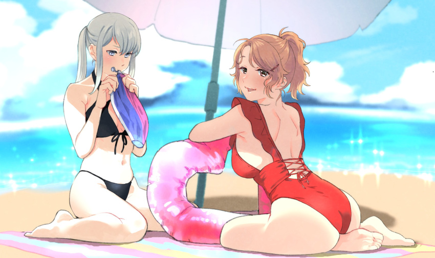 alternate_costume aquila_(kancolle) ass ball bangs barefoot beach beach_towel beach_umbrella beachball bikini black_bikini blowing blue_eyes blurry blurry_background blush breasts brown_eyes cloud commentary_request graf_zeppelin_(kancolle) grey_hair hair_ornament hairclip highres innertube kantai_collection large_breasts long_hair looking_at_viewer medium_breasts ocean one-piece_swimsuit orange_hair parted_lips ponytail red_swimsuit shishanmo sidelocks sitting sky sparkle swimsuit towel twintails umbrella water