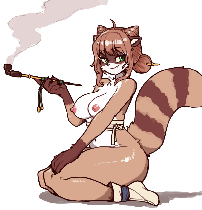 2022 anthro areola big_breasts big_butt breasts butt female fluffy fluffy_tail fur green_eyes hair hi_res mammal nipples pipe procyonid raccoon reccand simple_background smile smoke smoking smoking_pipe solo thick_thighs wide_hips