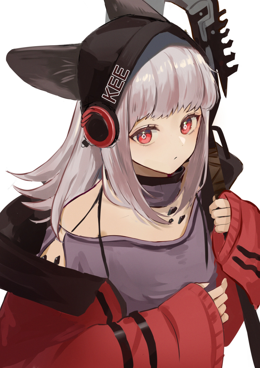 1girl animal_ears arknights azuazu_0405 clothes_writing diamond-shaped_pupils diamond_(shape) ears_through_headwear expressionless fox_ears fox_girl frostleaf_(arknights) grey_hair grey_shirt headphones highres holding holding_polearm holding_weapon implied_extra_ears infection_monitor_(arknights) jacket long_hair long_sleeves looking_at_viewer off-shoulder_shirt off_shoulder open_clothes open_jacket polearm red_eyes red_jacket shirt sidelocks simple_background solo symbol-shaped_pupils upper_body weapon white_background