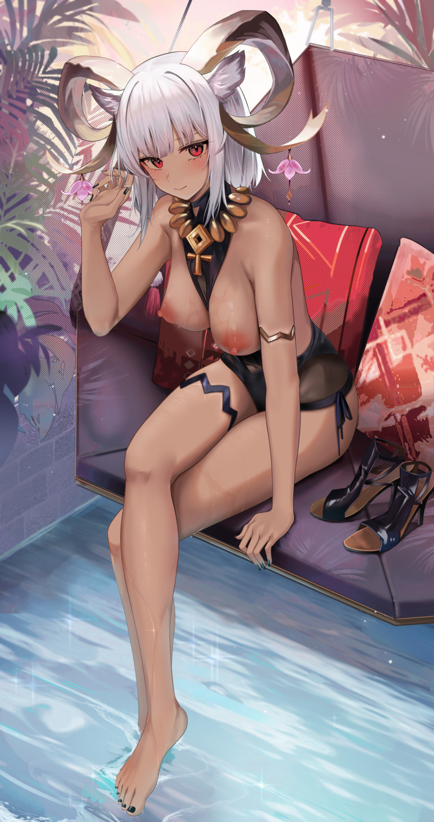 1girl animal_ears arknights arm_strap bare_shoulders black_footwear black_nails black_swimsuit blush breasts breasts_out carnelian_(arknights) carnelian_(shining_dew)_(arknights) casual_one-piece_swimsuit cleavage_cutout clothes_pull clothing_cutout crossed_legs dark-skinned_female dark_skin full_body goat_ears goat_girl goat_horns hand_up high_heels highres horn_ornament horns jewelry large_breasts looking_at_viewer nail_polish necklace nipples official_alternate_costume one-piece_swimsuit plant red_eyes ru_zhai shoes shoes_removed short_hair sitting solo swimsuit swimsuit_pull toenail_polish toenails wet white_hair