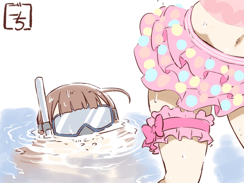 2girls ahoge assault_lily bangs bikini bikini_skirt blunt_bangs bow bridal_garter brown_hair commentary_request covered_eyes diving_mask frilled_bikini frills goggles hitotsuyanagi_riri kaede_johan_nouvel leaning_forward long_hair lower_body multiple_girls navel official_alternate_costume partially_submerged peeping pink_bikini pink_bow simple_background snorkel solo_focus stomach swimsuit tanin050 thigh_bow wading water water_drop wet wet_hair white_background yuri