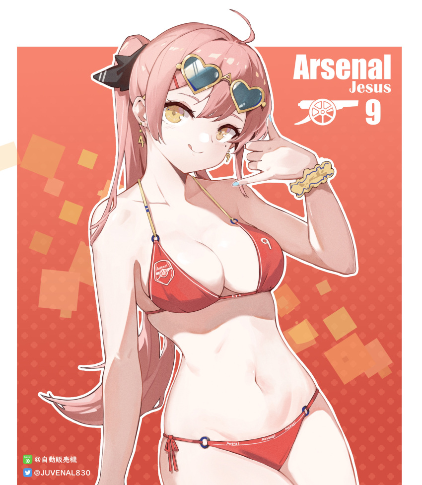 1girl absurdres ahoge arm_at_side arm_up arsenal_fc bangs bare_shoulders bikini blue_nails breasts cleavage closed_mouth collarbone commentary_request earrings eyewear_on_head hair_ornament hairclip heart heart-shaped_eyewear highres jewelry long_hair looking_at_viewer medium_breasts mole mole_under_eye nail_polish navel o-ring o-ring_bikini original outline pink_hair ponytail red_background red_bikini red_ribbon ribbon scrunchie side-tie_bikini smile solo stomach sunglasses swimsuit white_outline wrist_scrunchie yellow-framed_eyewear yellow_eyes zarsy