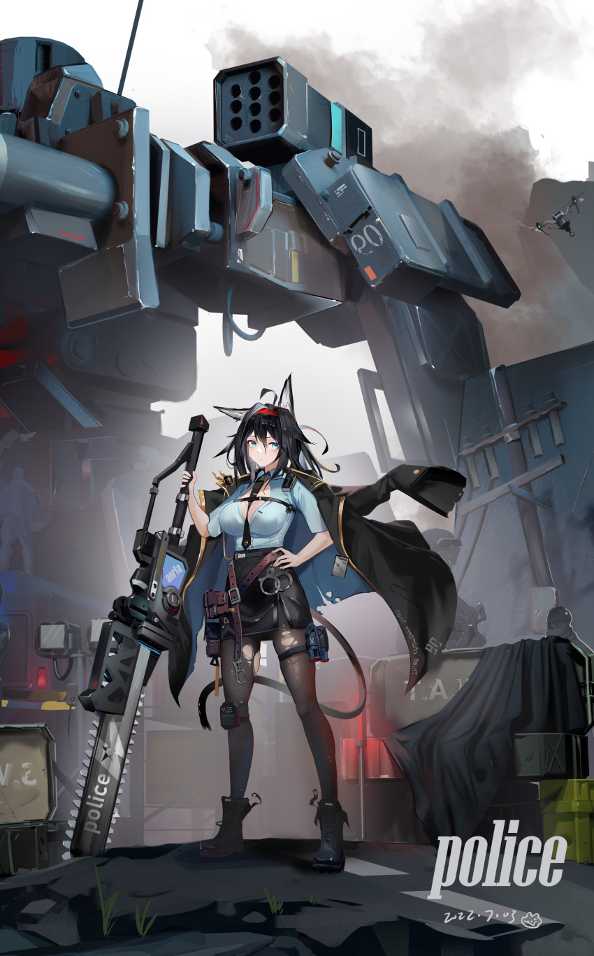 1girl absurdres ahoge alternate_costume animal_ears arknights between_breasts black_footwear black_hair black_jacket black_necktie black_pantyhose black_skirt blaze_(arknights) blue_eyes blue_shirt boots breasts cat_ears cat_girl cat_tail chainsaw cleavage collared_shirt cuffs dated full_body grey_sky hair_between_eyes hand_on_hip handcuffs highres holding holding_chainsaw holding_weapon holster jacket jacket_on_shoulders large_breasts long_hair looking_at_viewer mecha necktie necktie_between_breasts open_clothes open_jacket open_shirt outdoors pantyhose robot sabou_san-shitsu_kokoro shirt short_sleeves skirt smoke solo standing tail thigh_holster thigh_strap torn_pantyhose weapon