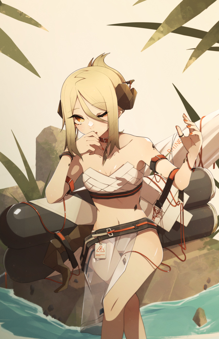 1girl absurdres arknights bare_shoulders belt bikini blonde_hair bracelet breasts cleavage collar collarbone crossed_legs fingernails folded_ponytail hair_between_eyes hand_on_own_face hand_up highres horns if_f ifrit_(arknights) ifrit_(sunburn)_(arknights) jewelry long_fingernails looking_at_viewer nail_polish official_alternate_costume one_eye_closed orange_eyes orange_nails oripathy_lesion_(arknights) ring see-through short_hair sidelocks simple_background sitting small_breasts smile strapless strapless_bikini swimsuit water white_bikini yellow_background