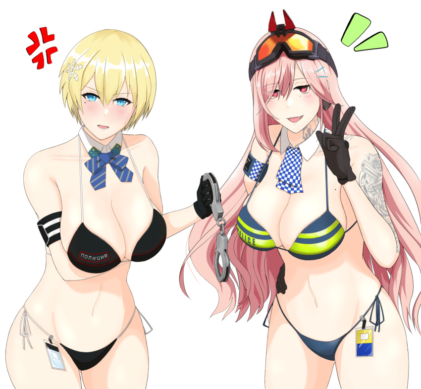 2girls alternate_costume arm_behind_back arm_tattoo arm_up artificial_eye ascot bangs bare_shoulders bikini black_bikini black_gloves blonde_hair blue_bikini blue_bow blue_bowtie blue_eyes blush bow bowtie breasts cleavage collarbone crossed_arms cuffs fang feet_out_of_frame girls'_frontline gloves hair_ornament hairclip handcuffs highres holding holding_handcuffs huge_breasts id_card long_hair looking_at_viewer mechanical_eye mole mole_on_breast multiple_girls navel neck_tattoo open_mouth pink_hair police police_uniform policewoman red_eyes short_hair sig_mcx_(girls'_frontline) smile snowflake_hair_ornament standing sumi_ojie swimsuit tattoo uniform v vsk-94_(girls'_frontline) white_background