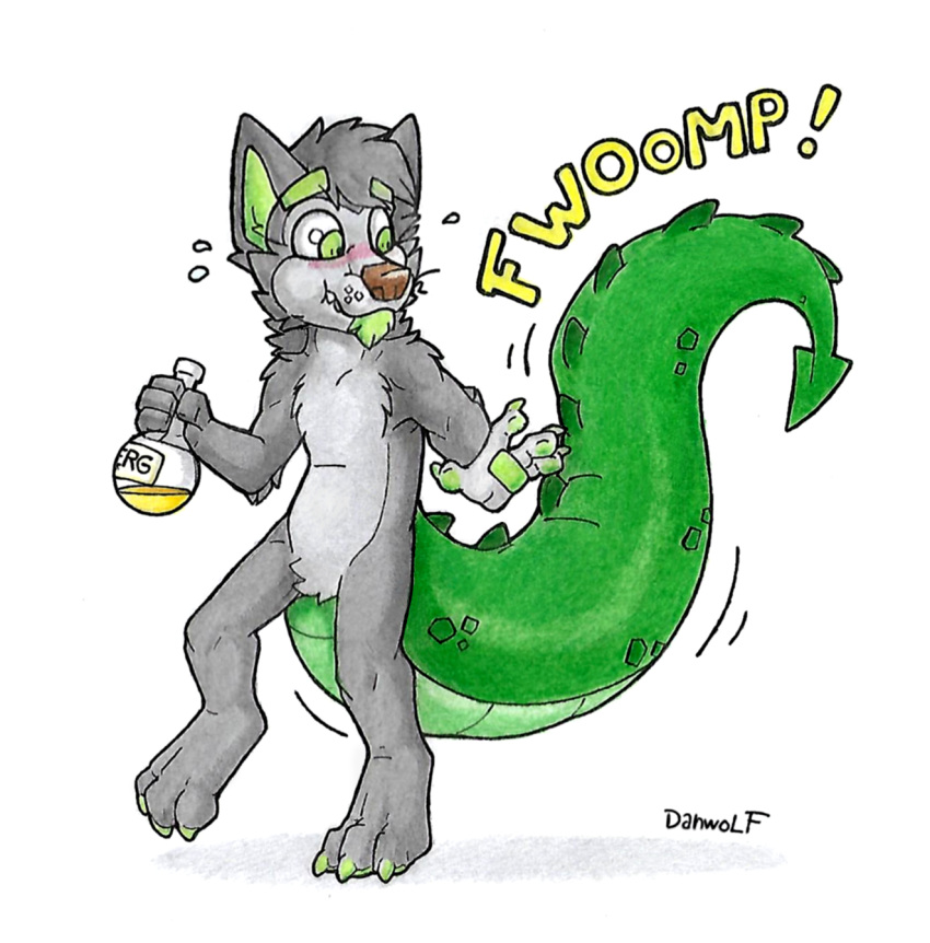 anthro canid canine canis chibi danwolf danwolf15 danwolf_(character) hi_res humor male mammal potion potion_bottle solo thick_tail transformation wolf