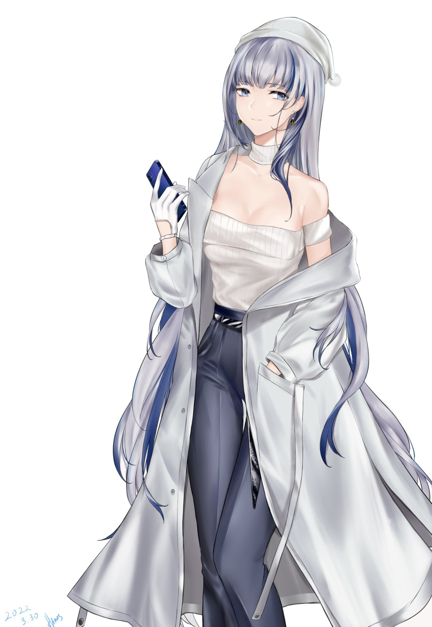 1girl artist_name bangs bare_shoulders belt blue_eyes blue_pants breasts cellphone chinese_commentary closed_mouth coat coat_on_shoulders collarbone dated dated_commentary denim earrings feet_out_of_frame girls'_frontline girls'_frontline_neural_cloud gloves grey_hair hand_in_pocket highres himos holding holding_phone hubble_(girls'_frontline_nc) jeans jewelry lips long_hair looking_at_viewer medium_breasts multicolored_hair off-shoulder_sweater off_shoulder pants phone smartphone solo standing streaked_hair sweater white_background white_coat white_gloves white_headwear white_sweater