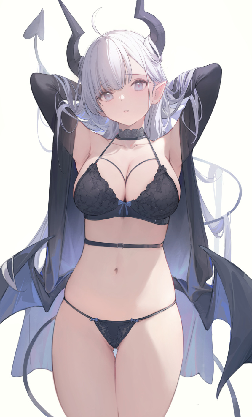 1girl armpits arms_up ass_visible_through_thighs bat_wings black_panties breasts choker cleavage collar commentary demon_girl demon_horns demon_tail demon_wings grey_eyes hair_lift hair_on_horn hands_in_hair highres horns large_breasts lingerie long_hair looking_at_viewer navel nekojira original panties pointy_ears revision simple_background solo tail thea_(nekojira) underwear very_long_hair white_background white_hair wings