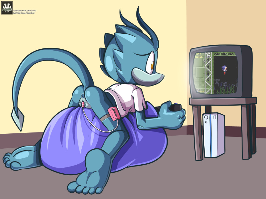 anthro anus bean_bag bottomless casual_masturbation clothed clothing console controller detailed_background distracted egg_vibrator female fours_(artist) furniture gaming gecko genitals hi_res lizard looking_at_object lying masturbation on_front playing_videogame pussy reptile scalie sega sex_toy skitter_the_gecko solo sonic_the_hedgehog_(series) table taped_vibrator television vibrator