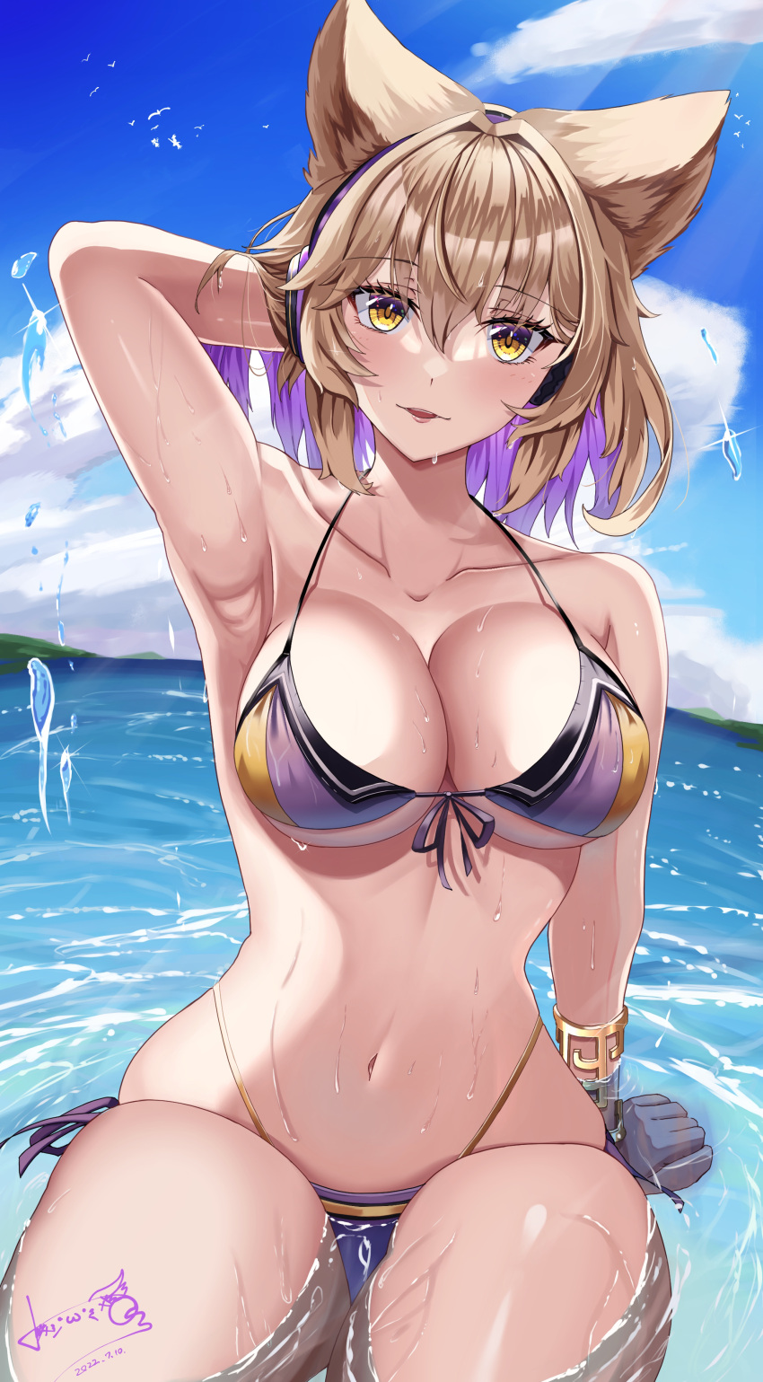 1girl absurdres bad_anatomy bad_perspective bare_arms bare_legs bare_shoulders bikini blush bracelet breasts collarbone dated day earmuffs hair_between_eyes highres hossy jewelry large_breasts light_brown_hair open_mouth partially_submerged pointy_hair purple_bikini short_hair signature solo swimsuit touhou toyosatomimi_no_miko water yellow_eyes