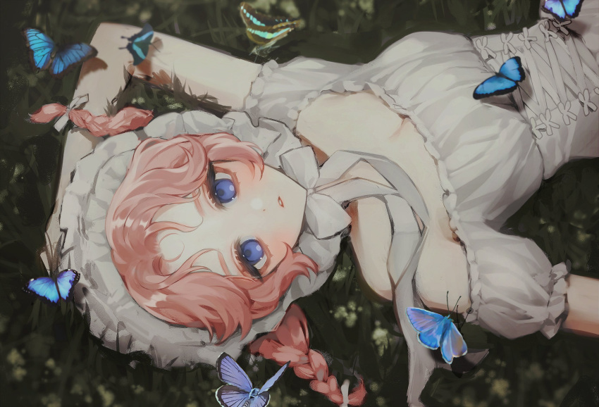 1girl animal bamme_o3o bare_shoulders blue_eyes blush bow braid breasts bug butterfly cleavage corset dress frills grass highres looking_at_viewer lying medium_hair on_back original parted_lips pink_hair ponytail single_bare_shoulder solo white_bow white_corset white_dress