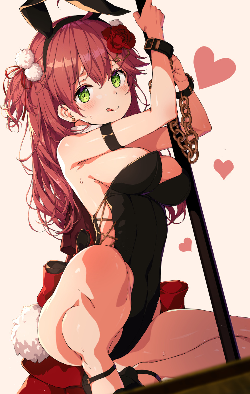 1girl :q absurdres alternate_costume animal_ears arm_strap bangs black_leotard blush breasts chained_wrists detached_collar ear_piercing fake_animal_ears feet_out_of_frame flower green_eyes hair_flower hair_ornament hairclip heart highres holding holding_pole hololive leotard long_hair looking_at_viewer medium_breasts piercing playboy_bunny pole pom_pom_(clothes) pom_pom_hair_ornament rabbit_ears rabbit_tail raised_eyebrows red_flower red_hair red_rose rose sakura_miko sideboob solo squatting stripper_pole sweat sy4 tail thighs tongue tongue_out virtual_youtuber