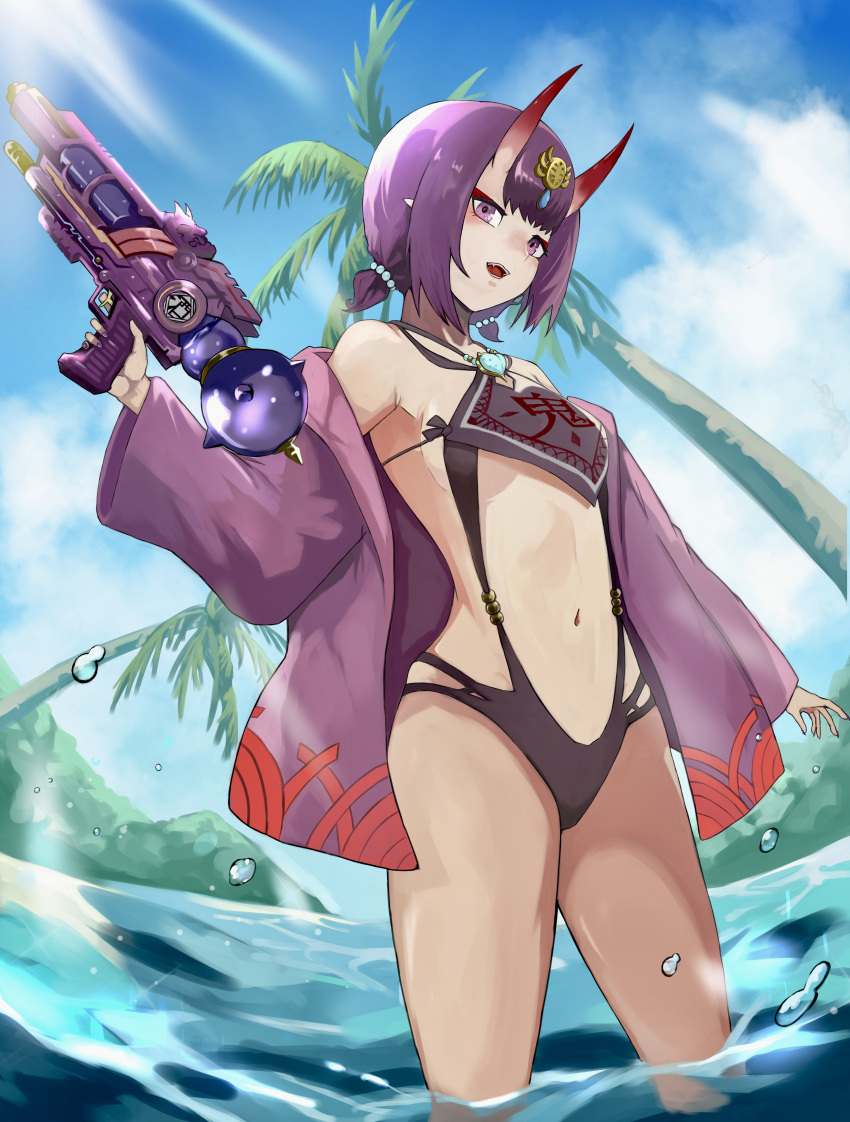 1girl absurdres artist_request black_swimsuit breasts casual_one-piece_swimsuit check_artist clothing_cutout eyeliner fate/grand_order fate_(series) headpiece highres horns japanese_clothes kimono low_twintails makeup navel one-piece_swimsuit oni oni_horns open_clothes open_kimono palm_tree partially_submerged purple_eyes purple_hair purple_kimono short_hair short_kimono short_twintails shuten_douji_(fate) skin-covered_horns small_breasts solo standing stomach_cutout swimsuit tree twintails user_rvpr3582 water_gun