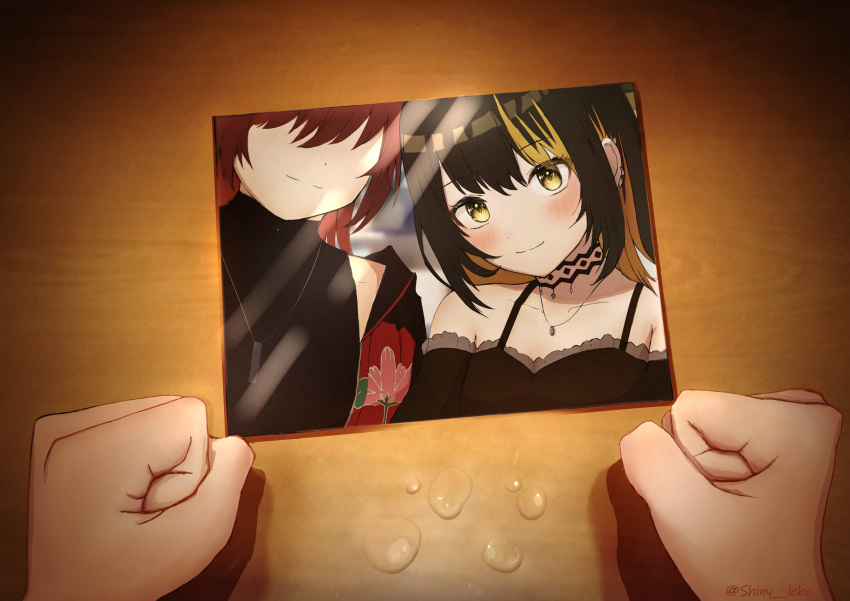 2girls aketa_mikoto black_shirt blush clenched_hands faceless faceless_female highres idolmaster idolmaster_shiny_colors ikaruga_luca jewelry looking_at_viewer multiple_girls necklace off-shoulder_shirt off_shoulder photo_(object) pov pov_hands selfie shiny_lebe shirt smile tears