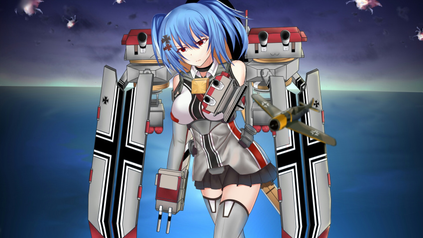 1girl aircraft airplane bangs black_choker blue_hair breasts chinese_commentary choker closed_mouth dress feet_out_of_frame grey_dress grey_thighhighs hair_ornament hairclip highres looking_at_viewer medium_breasts ocean prinz_eugen_(warship_girls_r) red_eyes serious seydlitz_art short_hair solo standing thighhighs warship_girls_r