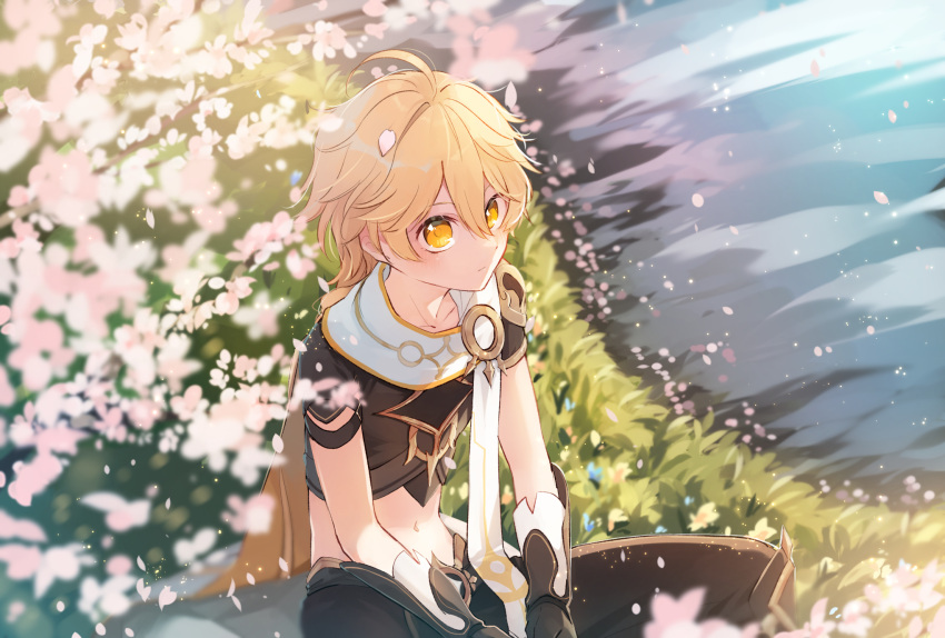 1boy aether_(genshin_impact) ahoge black_gloves black_pants black_shirt blonde_hair braid cape crop_top falling_petals genshin_impact gloves hair_between_eyes highres long_hair male_focus midriff navel orange_cape orange_eyes outdoors pants petals sakusakuagetate shirt single_braid sitting solo