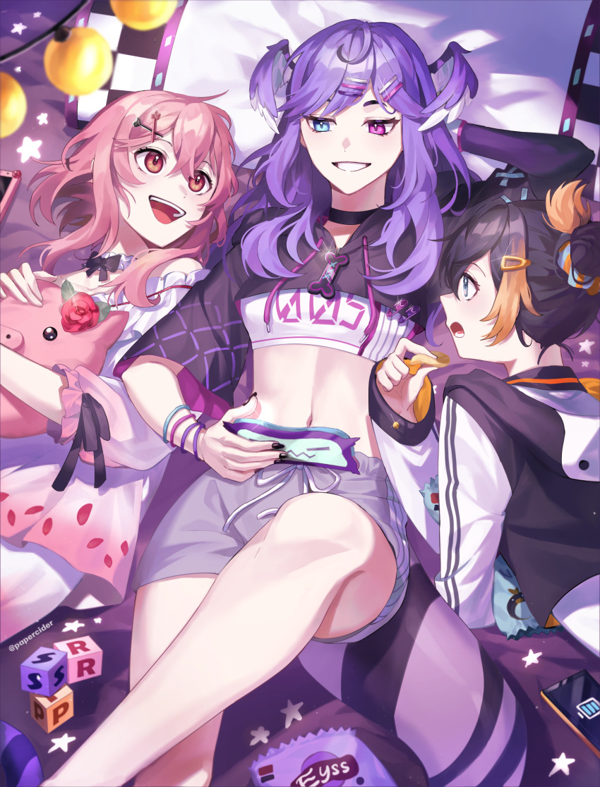 3girls absurdres ahoge bandaged_arm bandages bare_shoulders bed_sheet black_choker black_hair black_hoodie black_nails blue_eyes blush bracelet brown_eyes chips choker dolphin_shorts dragon_girl dragon_tail eye_contact food gradient_clothes hair_ornament hairclip handheld_game_console head_wings heterochromia highres hood hoodie jacket jewelry long_sleeves looking_at_another lying medium_hair midriff multicolored_clothes multicolored_eyes multicolored_hair multicolored_jacket multiple_girls nail_polish navel nijisanji nijisanji_en obsydia_(nijisanji) orange_hair pajamas papercider petra_gurin pillow pink_eyes pink_hair pink_pajamas pointy_ears potato_chips purple_eyes purple_hair purple_shorts purple_wings rosemi_lovelock scrunchie selen_tatsuki shirt short_hair short_sleeves shorts shrug_(clothing) sleeves_past_wrists smile straight_hair tail twitter_username virtual_youtuber white_choker white_hoodie white_pajamas white_shirt wings wristband