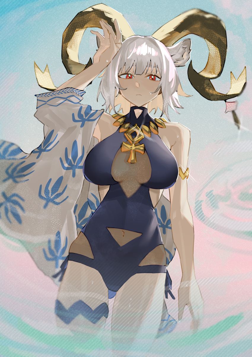 1girl absurdres animal_ears arknights arm_up armlet black_swimsuit carnelian_(arknights) carnelian_(shining_dew)_(arknights) casual_one-piece_swimsuit cowboy_shot dark-skinned_female dark_skin goat_ears goat_girl goat_horns grey_hair hand_on_own_face highres horn_ornament horns jewelry necklace one-piece_swimsuit renxzd shawl short_hair swimsuit thigh_strap white_hair