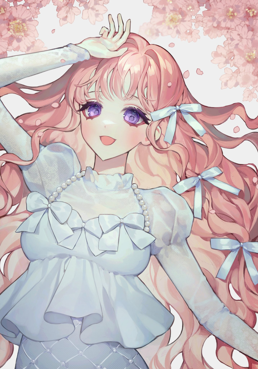 1girl arm_up bamme_o3o blush bow dress eyelashes flower gem hair_ribbon highres long_eyelashes long_hair looking_at_viewer open_mouth original pearl_(gemstone) pink_flower pink_hair puffy_sleeves purple_eyes ribbon see-through solo white_bow white_dress