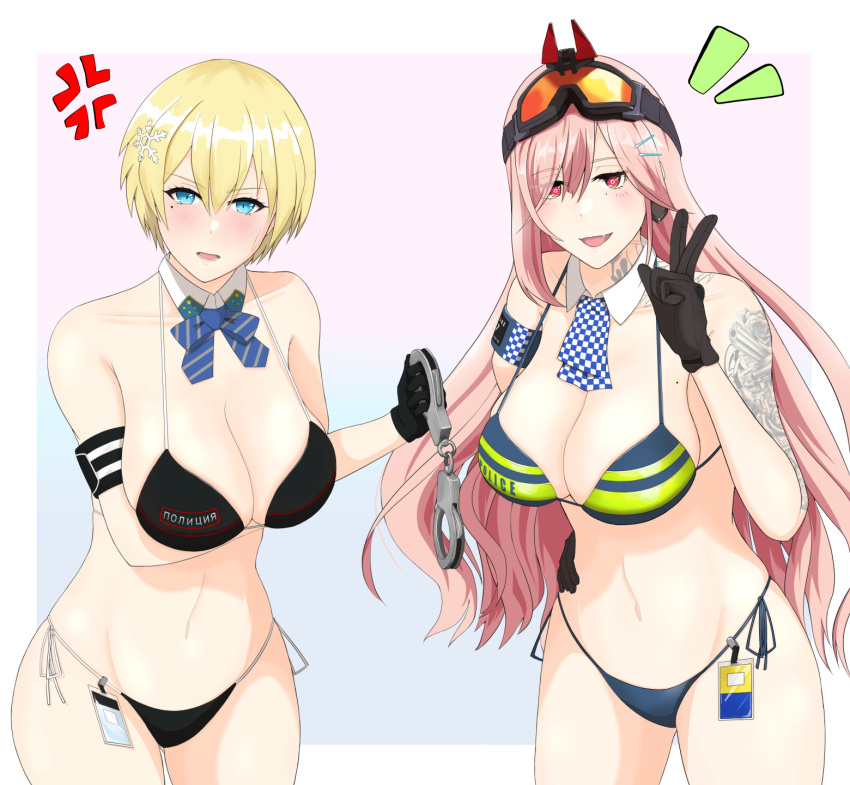 2girls alternate_costume arm_behind_back arm_tattoo arm_up artificial_eye ascot bangs bare_shoulders bikini black_bikini black_gloves blonde_hair blue_bikini blue_bow blue_bowtie blue_eyes blush bow bowtie breasts cleavage collarbone crossed_arms cuffs fang feet_out_of_frame girls'_frontline gloves hair_ornament hairclip handcuffs highres holding holding_handcuffs huge_breasts id_card long_hair looking_at_viewer mechanical_eye mole mole_on_breast multiple_girls navel neck_tattoo open_mouth pink_hair police police_uniform policewoman red_eyes short_hair sig_mcx_(girls'_frontline) simple_background smile snowflake_hair_ornament standing sumi_ojie swimsuit tattoo uniform v vsk-94_(girls'_frontline)