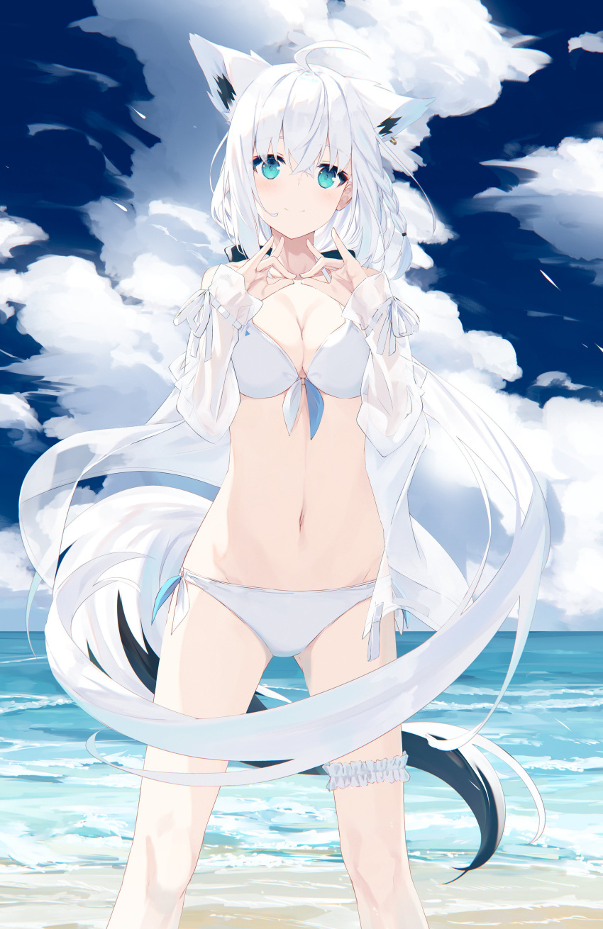 1girl absurdres ahoge animal_ears aqua_hair bangs bikini braid cowboy_shot fox_ears fox_girl fox_shadow_puppet grey_hair hair_between_eyes highres hololive jacket long_hair nagishiro_mito ocean see-through see-through_jacket shirakami_fubuki side_braid swimsuit thigh_strap virtual_youtuber white_bikini white_hair white_swimsuit