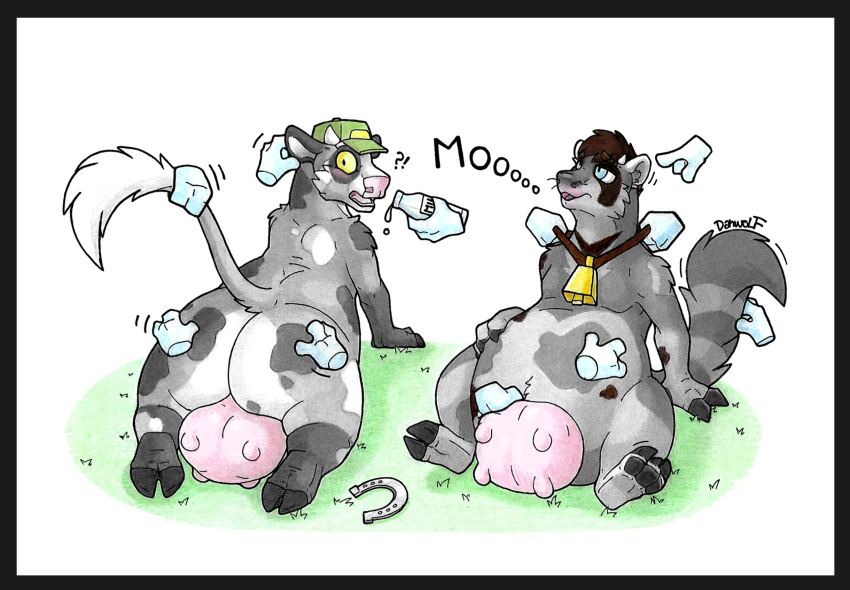 anthro black_border border bovid bovine cattle cows danwolf danwolf15 duo hi_res male male/male mammal milk overweight procyonid raccoon slightly_chubby teats thick transformation udders