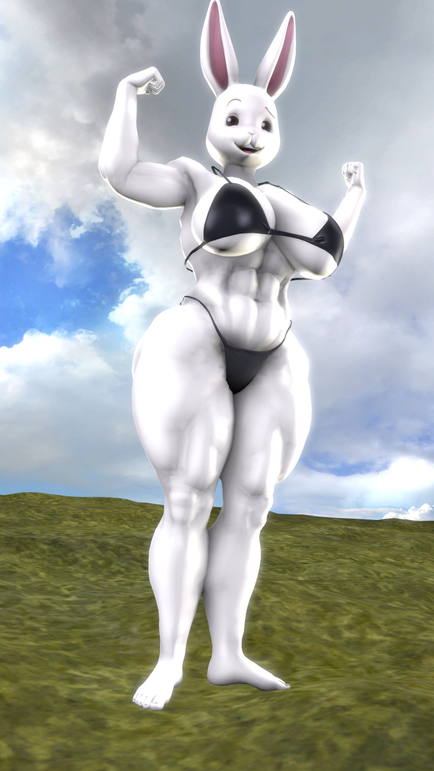 3d_(artwork) 9:16 anthro beastars bikini breasts clothing digital_media_(artwork) female flexing fur haru_(beastars) hi_res lagomorph leporid looking_at_viewer mammal muscular muscular_anthro muscular_female ok_bruh rabbit solo source_filmmaker swimwear thick_thighs white_body white_fur