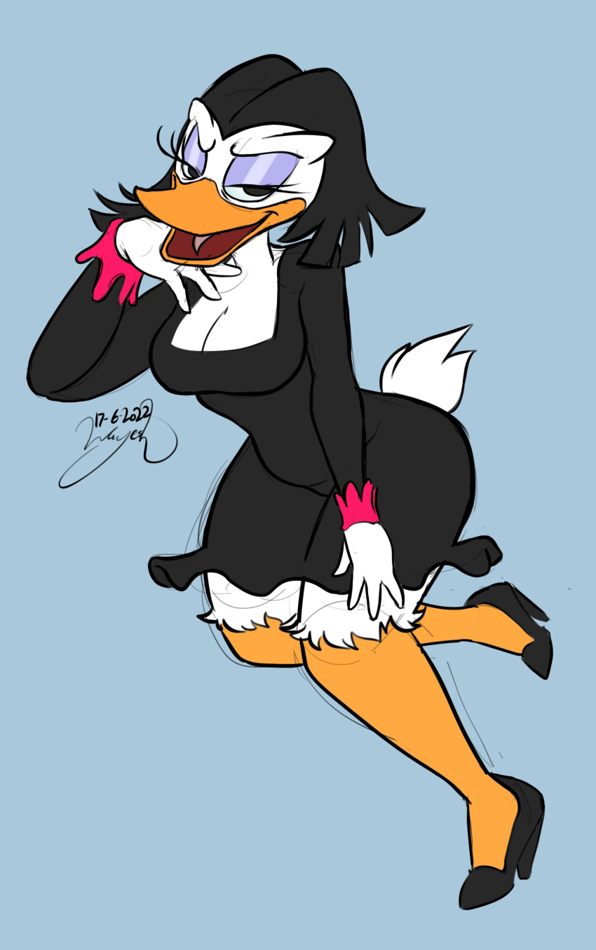 2022 absurd_res anatid anseriform anthro avian bedroom_eyes bird black_clothing black_dress black_footwear black_hair black_shoes clothing colored_sketch dated disney dress duck ducktales ducktales_(1987) eyelashes eyeshadow female footwear hair hi_res high_heels magica_de_spell makeup narrowed_eyes open_mouth seductive signature simple_background sketch smile solo tongue wayesh