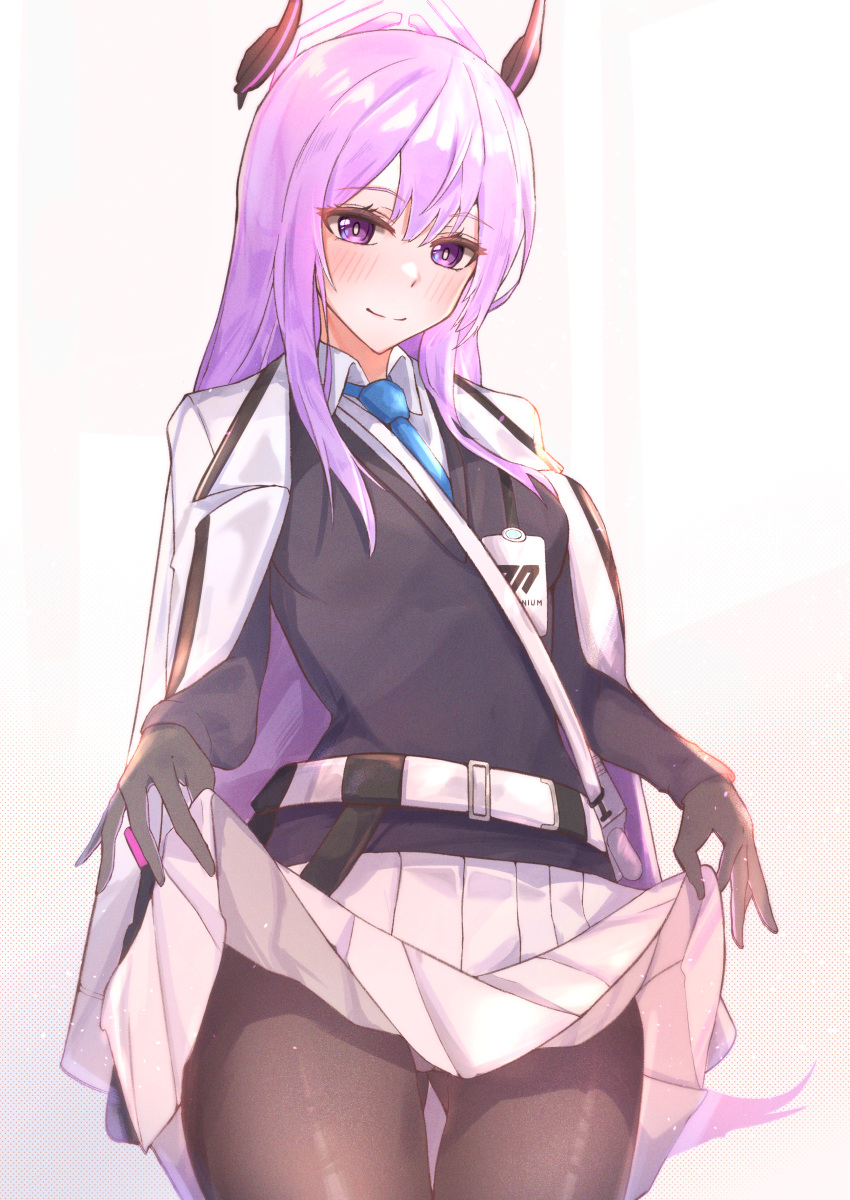 1girl absurdres bangs black_cardigan black_gloves black_thighhighs blue_archive blue_necktie blush cardigan closed_mouth clothes_lift feet_out_of_frame gloves highres id_card jacket jacket_on_shoulders long_hair long_sleeves looking_at_viewer muteppona_hito necktie pantyhose purple_eyes purple_hair shirt skirt skirt_lift solo standing thighhighs utaha_(blue_archive) white_background white_jacket white_shirt white_skirt
