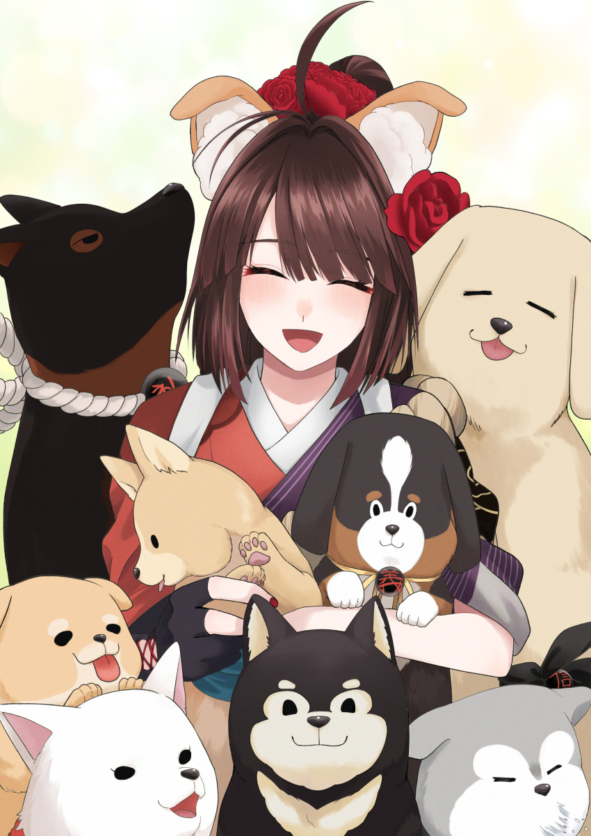 1girl ahoge animal animal_ears bangs brown_hair closed_eyes dog dog_ears eyebrows_behind_hair fake_animal_ears fate/grand_order fate_(series) fuku_dan highres holding kyokutei_bakin_(fate) looking_at_viewer open_mouth short_hair smile solo