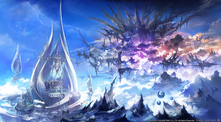 arcade_(architecture) artist_request blue_sky building cloud column copyright copyright_name day fantasy final_fantasy final_fantasy_xiv floating floating_island floating_object highres in-universe_location mountain no_humans official_art outdoors pillar scenery sky tower