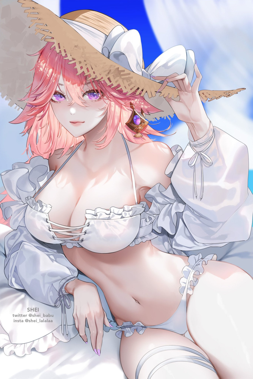 1girl animal_ears arm_rest bangs bikini blue_sky bow breasts cleavage crossed_bangs cushion detached_sleeves earrings fox_ears frilled_bikini frills genshin_impact hair_between_eyes hand_on_headwear hat hat_bow highres jewelry large_breasts leaning_to_the_side looking_at_viewer navel pink_hair puffy_sleeves purple_eyes shei99 sitting sky solo straw_hat sun_hat swimsuit thigh_strap vision_(genshin_impact) white_bikini white_bow white_sleeves yae_miko