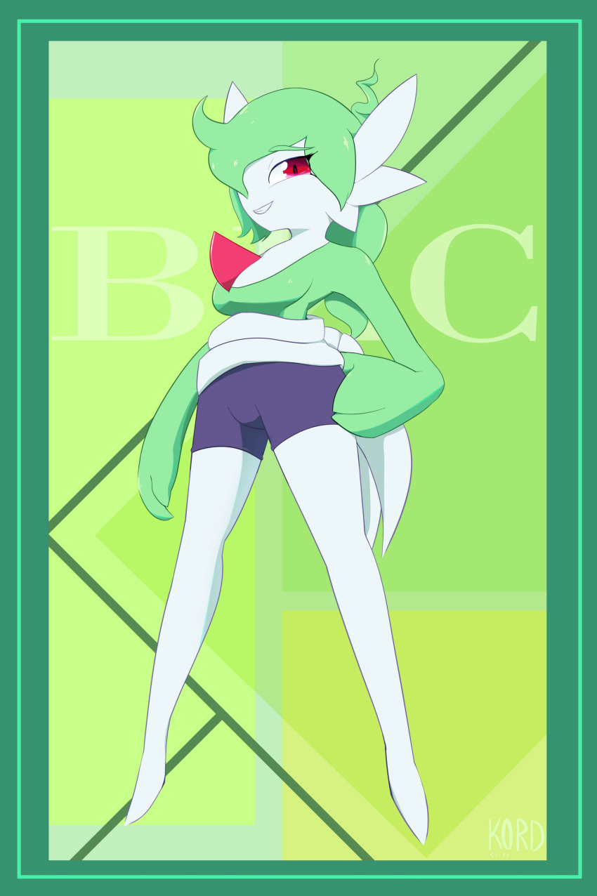 2022 3_fingers absurd_res blue_border border bottomwear clothing female fingers gardevoir green_background green_hair grin hair hair_over_eye hand_on_hip hi_res humanoid kordcross low-angle_view nintendo not_furry one_eye_obstructed pok&eacute;mon pok&eacute;mon_(species) ponytail red_eyes shorts simple_background smile solo video_games