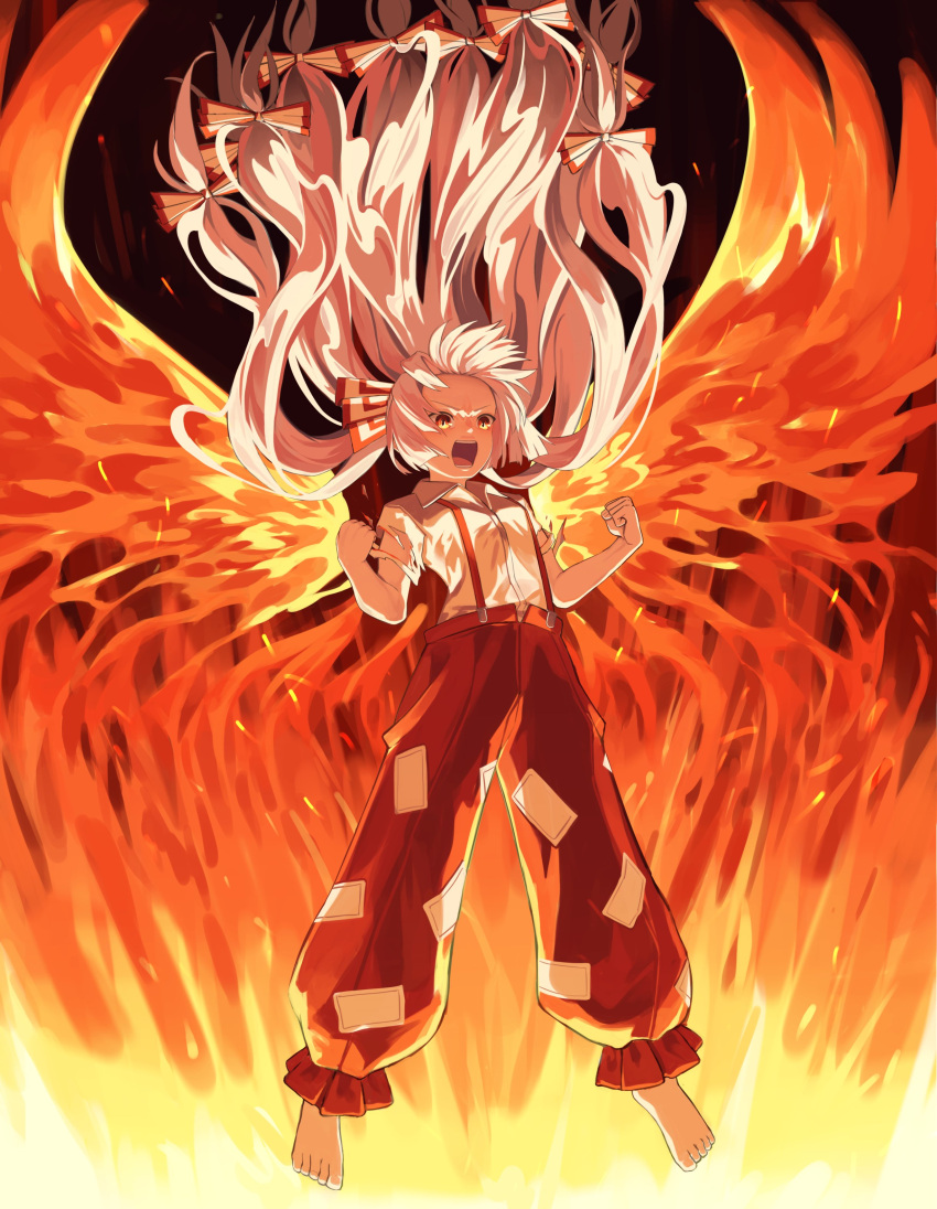 1girl absurdres angry baggy_pants barefoot berabou bow clenched_hands collared_shirt commentary fiery_wings fire floating_hair fujiwara_no_mokou full_body furious furrowed_brow hair_bow hands_up highres long_hair looking_at_viewer ofuda ofuda_on_clothes open_mouth pants red_bow red_eyes red_pants red_theme shirt solo suspenders teeth torn_clothes torn_sleeves touhou two-tone_bow very_long_hair white_bow white_hair white_shirt wing_collar wings